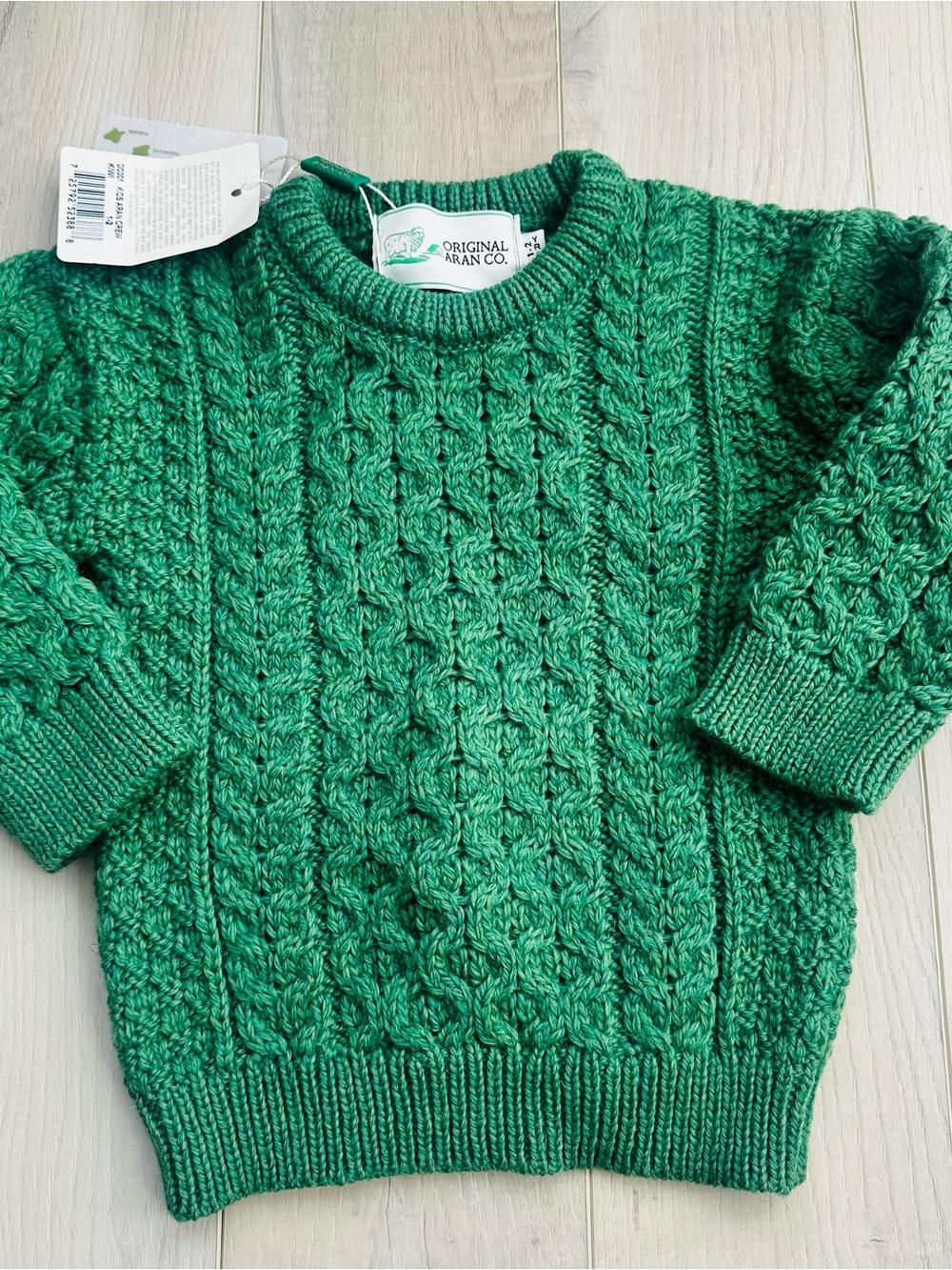 NWT Aran Crafts Green Cable Knit Kids Sweater 100% Wool